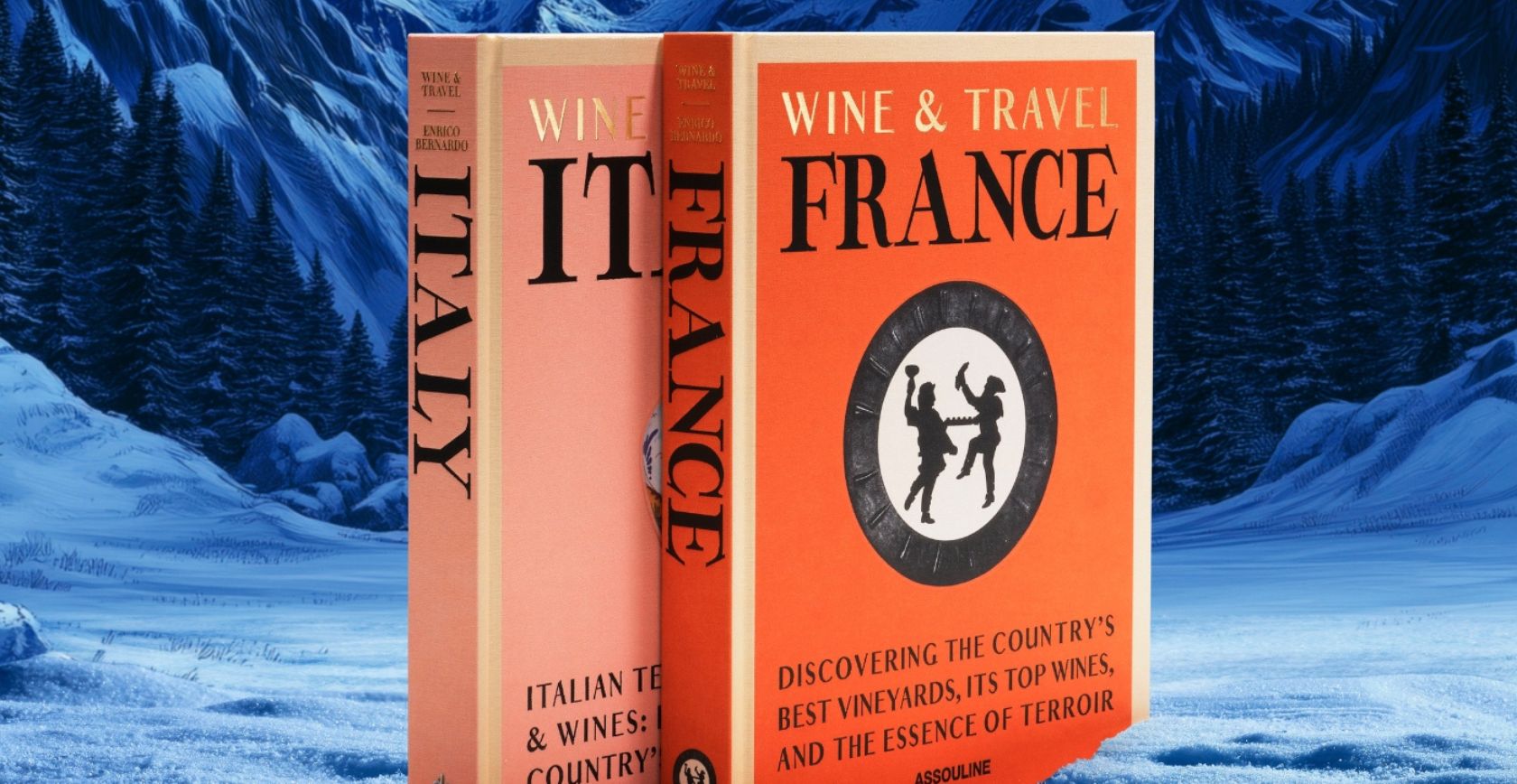 Wine and Travel Italy and France Gift Set, orange and pink books on snow